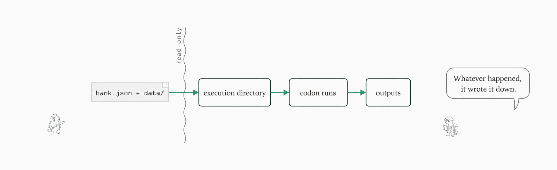 The run: hank + data in, execution dir, codon, outputs